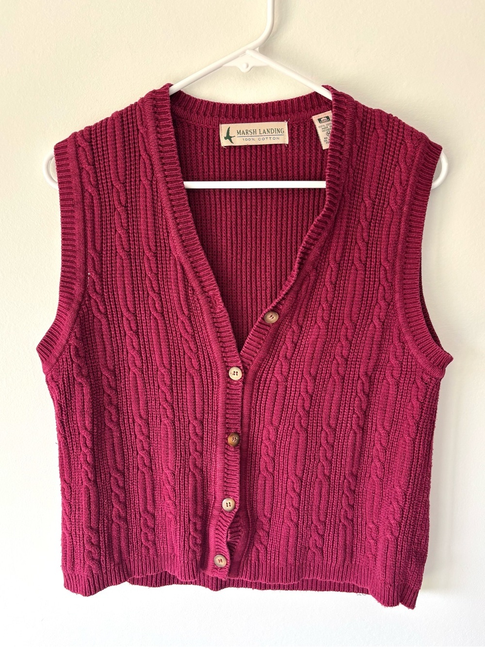 Marsh Landing Burgundy Button Front Knit Sweater Vest 100% Cotton